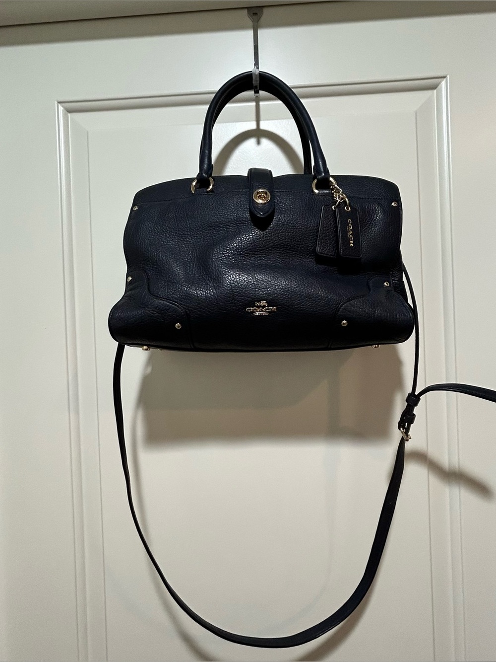 Coach Dark Blue Pebbled Leather Satchel / Crossbody with Gold Hardware. Nice